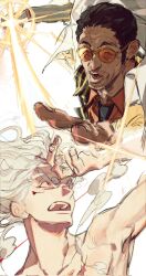  2boys attack beard black_hair coat collared_shirt facial_hair gear_fifth hagoromo highres kizaru_(one_piece) mnnd monkey_d._luffy multiple_boys one_piece pink_eyes shawl shirt sideburns sunglasses thick_eyebrows white_coat white_hair 