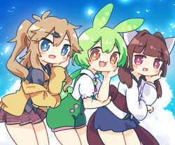  3girls :3 :d animal_ears ayakashi_(monkeypanch) blue_eyes blue_skirt blunt_bangs blush_stickers bright_pupils brown_eyes brown_hair cardigan commentary_request cowboy_shot double-parted_bangs edamame green_hair green_shorts hair_between_eyes hand_on_own_cheek hand_on_own_face headgear japanese_clothes kasukabe_tsumugi kimono long_hair long_sleeves looking_at_viewer miniskirt multiple_girls obi off_shoulder open_cardigan open_clothes open_mouth pink_eyes plaid_clothes plaid_skirt pleated_skirt red_sash red_skirt sash shirt short_sleeves shorts skirt smile suspender_shorts suspenders touhoku_kiritan voiceroid voicevox white_kimono white_pupils white_shirt wide_sleeves yellow_cardigan zundamon 