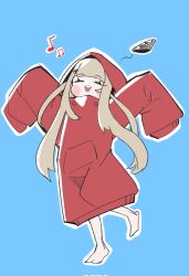  1girl amanogawa_shiina amanogawa_shiina_(crab) blonde_hair blush closed_eyes commentary crab_hood english_commentary feet highres jushikuroni long_hair long_sleeves open_mouth phase_connect pocket scissors_hair_ornament sleeves_past_fingers sleeves_past_wrists smile socks very_long_hair virtual_youtuber 