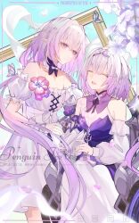  2girls absurdres animal_print bare_shoulders bow bug butterfly butterfly_print castorice_(honkai:_star_rail) castorice_(the_flower_remembers)_(honkai:_star_rail) closed_eyes collar detached_sleeves dress floral_print flower frills hairband highres honkai:_star_rail honkai_(series) long_hair medium_hair minami_branch_peach multiple_girls picture_frame pointy_ears polyxia_(honkai:_star_rail) polyxia_(the_flower_remembers)_(honkai:_star_rail) purple_bow purple_collar purple_flower purple_hair siblings sisters smile vase very_long_hair violet_eyes watermark white_bow white_dress white_hairband 