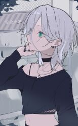  1girl absurdres belly black_nails choker commentary_request cropped_shirt ear_ornament from_side green_eyes haku_(yanhaku) hand_on_own_face highres looking_to_the_side nail_polish navel off_shoulder open_mouth original rain short_hair solo urban white_hair wolf_cut 