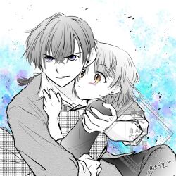  1boy 1girl blue_background blue_eyes blush braid brown_eyes closed_mouth commentary_request gakogako4452 grid_print hand_on_another's_shoulder hetero highres hug parted_lips partially_colored ranma_1/2 saotome_ranma short_hair single_braid tendou_akane v-shaped_eyebrows watermark 