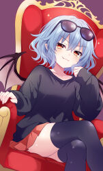  1girl alternate_costume bat_wings black_sweater black_thighhighs blue_hair closed_mouth collarbone commentary commentary_request crossed_legs english_commentary eyewear_on_head fang fang_out highres long_sleeves looking_at_viewer miniskirt on_throne pointy_ears red_eyes red_skirt remilia_scarlet sitting skirt smile solo sunglasses sweater tanaka_shoushou_fumimaro thigh-highs throne touhou wings 