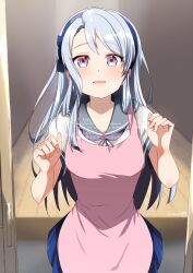  1girl apron blue_hairband blue_skirt commentary_request commission door doorway grey_eyes grey_hair grey_sailor_collar hairband hallway kantai_collection kimura_shiki long_hair neckerchief pink_apron pleated_skirt pov_doorway purple_neckerchief sagiri_(kancolle) sailor_collar skeb_commission skirt smile solo 