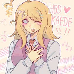  1girl absurdres ahoge blonde_hair blush danganronpa_(series) danganronpa_v3:_killing_harmony happy_birthday heart highres musical_note necktie one_eye_closed picklessyy pink_sweater_vest red_necktie shirt solo sweater_vest white_shirt yellow_background 