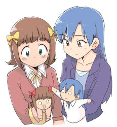  2girls amami_haruka blue_hair blue_jacket blush_stickers bow brown_eyes brown_hair character_puppet closed_mouth collared_shirt commentary_request cropped_torso green_eyes hair_bow hand_puppet idolmaster idolmaster_(classic) jacket kisaragi_chihaya lapels light_smile long_hair long_sleeves multiple_girls multiple_hair_bows notched_lapels puppet red_sweater shirt short_hair simple_background sweater tsubobot white_background yellow_bow 