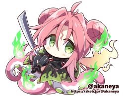  1girl ahoge akaneya black_boots black_jacket black_thighhighs blush_stickers boots character_request chibi chibi_only closed_mouth commentary_request commission copyright_request double_bun fire full_body green_eyes hair_between_eyes hair_bun hair_intakes holding holding_sword holding_weapon jacket long_hair long_sleeves looking_at_viewer pink_hair simple_background skeb_commission solo sword tentacles thigh-highs twitter_username weapon web_address white_background 