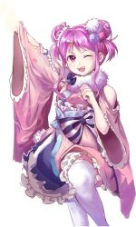  1girl arm_up bow bowtie hair_bun heaven_burns_red highres kunimi_tama kunimi_tama_(charge!!_air_bass) one_eye_closed pink_eyes pink_hair simple_background user_kvvs2358 white_background 