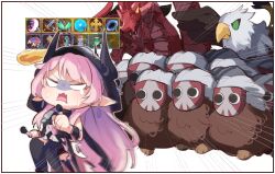  1girl black_dress blank_eyes chibi commentary_request copyright_request dragon dress earrings emphasis_lines fireball game_screenshot_inset green_eyes griffin holding holding_weapon horns jewelry kunai long_hair pink_hair pointy_ears screenshot_inset tears textless_version turn_pale veil very_long_hair weapon white_background xuu_shi_times 