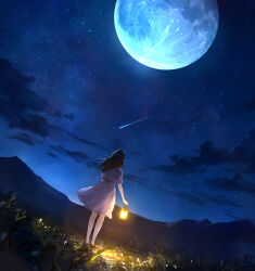  1girl absurdres arms_at_sides black_hair blue_sky clouds commentary_request dress dutch_angle facing_away from_behind full_body full_moon highres holding holding_lantern lantern long_hair moon mountainous_horizon n_(nnn2927) night original outdoors purple_dress scenery shooting_star short_sleeves sky sky_focus solo standing star_(sky) starry_sky 