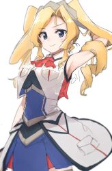  1girl absurdres ascot black_thighhighs blonde_hair blue_eyes breast_pocket breasts commentary_request drill_hair hand_in_own_hair headgear highres honolulu_(kancolle) kantai_collection large_breasts long_hair looking_at_viewer ma_rukan pocket red_ascot signature simple_background sleeveless smile solo thigh-highs twin_drills twintails white_background 