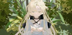  1girl black_bow black_bowtie blonde_hair bow bowtie closed_mouth commentary_request dress grey_eyes long_hair looking_down nekory original plant tree white_dress 
