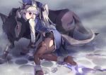  all_fours animal_ears ankle_cuffs chain chains grey_hair hair_ribbon hat highleg holster original pantyhose peaked_cap ponytail rain red_eyes ribbon scar shackle solo tail thigh_holster tiru torn_clothes torn_pantyhose wet wolf wolf_ears wolf_tail 