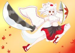  1girl animal_ear_fluff animal_ears bare_legs belly black_skirt commentary detached_sleeves hat holding holding_shield holding_sword holding_weapon inubashiri_momiji jumping large_tail leaf navel nazrin50851823 open_mouth orange_background original pom_pom_(clothes) red_hat red_shoes red_skirt shield shoes short_hair simple_background skirt smile sword tabi tail tengu touhou weapon white_hair white_tail wolf_ears wolf_girl wolf_tail yellow_background yellow_eyes 
