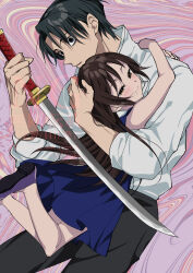  1boy 1girl black_eyes black_hair blue_dress brown_hair closed_mouth commentary dress highres hug jujutsu_kaisen katana long_hair looking_at_viewer mole mole_under_mouth okkotsu_yuta orimoto_rika orimoto_rika_(human) shiroto_iku shoes sleeveless smile sword watermark weapon 