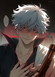 1boy ? black_shirt blush bottle closed_mouth commentary english_commentary gintama hair_between_eyes highres holding holding_bottle japanese_clothes looking_at_viewer male_focus red_eyes sakata_gintoki shirt short_hair solo weyowang white_hair 