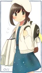  1girl absurdres artist_logo backpack bag beret black_eyes black_hair blue_dress blush_stickers commentary_request cowboy_shot drawstring dress failure_penguin flying_sweatdrops fubuki_(kancolle) fubuki_(spring)_(kancolle) hat highres holding_strap hood hooded_jacket hoodie jacket kantai_collection logo looking_at_viewer low_ponytail ma_rukan official_alternate_costume polka_dot polka_dot_dress ponytail shopping_bag short_ponytail sidelocks solo white_background white_hat white_jacket 