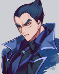  1boy absurdres black_hair black_shirt blue_coat blue_eyes blue_necktie coat collared_shirt commentary_request grey_background heterochromia highres looking_to_the_side male_focus mishima_kazuya necktie parted_lips popped_collar red_eyes scar scar_on_face shirt short_hair signature simple_background smirk solo tekken thick_eyebrows twitter_username upper_body zero-go 