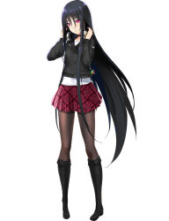  1girl black_boots black_hair black_jacket boots breasts choukou_(alicesoft) choukou_taisen_escalation_heroines full_body headphones headphones_around_neck highres jacket kirisaki_yomei long_hair looking_at_viewer official_art onigirikun red_eyes red_skirt skirt small_breasts solo tachi-e thigh-highs 