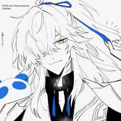  1boy black_choker black_shirt blue_ribbon choker coat commentary hair_over_one_eye hair_ribbon high_ponytail honkai:_star_rail honkai_(series) jacket jacket_on_shoulders jing_yuan jing_yuan_(chapanda) l24509hrl long_hair long_sleeves male_focus mole mole_under_eye monochrome official_alternate_costume ponytail ribbon shirt solo spot_color vest watermark white_hair white_jacket white_vest yellow_eyes 