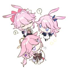  3girls :3 ? animal_ears bare_shoulders blue_eyes bubble_tea chibi closed_eyes commentary cup detached_sleeves dress drinking english_commentary evanescia_(honkai:_star_rail) flower genshin_impact hair_flower hair_intakes hair_ornament highres holding holding_cup honkai:_star_rail honkai_(series) honkai_impact_3rd mihoyo multiple_girls pink_hair puff_of_air sakura_ayane shirt simple_background spoken_question_mark voice_actor_connection white_background white_dress white_flower white_shirt yae_miko yae_sakura yohmeii 