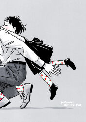  1girl 1other ambiguous_gender belt blush carrying cherry_print commentary food_print fruit_print highres hug hug_from_behind kawai_chihiro loafers matching_footwear original pants parent_and_child piggyback shoes short_hair slice_of_life spot_color untranslatable_commentary 