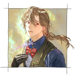  1boy black_gloves black_vest blue_shirt border bow bowtie braid brown_background brown_hair collared_shirt commission cropped_torso crystal_earrings earrings floating_hair gem gloves gold_trim hair_between_eyes hair_ornament hand_on_own_chest hand_up jewelry lapels leather leather_gloves lips long_hair looking_back looking_to_the_side low_ponytail male_focus original outside_border pendant pointy_ears ponytail red_bow red_bowtie red_eyes red_gem shirt simple_background single_braid solo sparkle teeth upper_body vest white_border zhongerweiyuan 