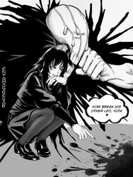  aged_up artist_name bandages bandages_over_eyes black_dress black_hair black_pants blood blood_splatter cursed_energy_(jujutsu_kaisen) dress entomaggedon highres jujutsu_kaisen jujutsu_tech_uniform mole mole_under_mouth monster orimoto_rika orimoto_rika_(human) pants pointing sleeves_pushed_up 