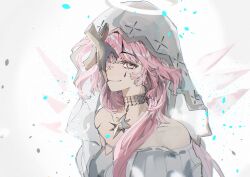  1girl ambience_synesthesia arknights bare_shoulders chinese_commentary closed_mouth commentary_request detached_wings disembodied_hand facial_mark gold_collar halo highres lemuen_(arknights) lemuen_(requiem_vesperis)_(arknights) long_hair looking_at_viewer mark_under_eye official_alternate_costume one_eye_covered pink_eyes pink_hair smile solo teardrop_facial_mark traditional_halo upper_body veil white_background white_halo white_veil wings xian_qishui 