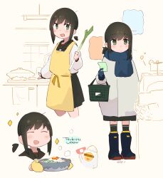  1girl 1other absurdres apron black_skirt black_thighhighs blue_boots blue_gloves blue_neckerchief blue_scarf boots bowl brown_hair coat commentary_request cooking food food_name fubuki_(kancolle) fubuki_kai_ni_(kancolle) gloves green_eyes grey_coat highres holding holding_bowl holding_food holding_spring_onion holding_vegetable kantai_collection long_sleeves low_ponytail ma_rukan medium_hair multiple_views naturally_detached_hair neckerchief noodles oven_mitts pleated_skirt ponytail scarf school_uniform serafuku shirt shopping sidelocks signature skirt sparkle spring_onion thigh-highs udon vegetable white_shirt yellow_apron 