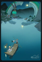  1boy 2girls arch black_border blonde_hair boots border chinese_clothes commentary_request dress floating full_moon genshin_impact halo highres holding holding_oar in-universe_location lantern lumine_(genshin_impact) moon mountainous_horizon multiple_girls night oar on_raft outdoors paimon_(genshin_impact) paper_lantern raft river romper rowing ruins scenery short_hair_with_long_locks standing_on_raft tree water white_boots white_dress white_hair white_romper wind xiang_wan_wei_wan 