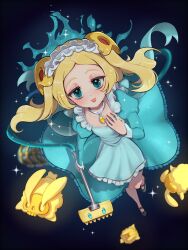  1girl blonde_hair bloody_marie_(skullgirls) blue_background blue_eyes blurry blurry_background commentary cosplay dress dust_bunny_(skullgirls) dutch_angle frilled_dress frills full_body hair_ornament half_updo highres jewelry juliet_sleeves lips long_hair long_sleeves looking_at_viewer maid_headdress necklace pink_lips puffy_sleeves rosalina rosalina_(cosplay) skull_hair_ornament skullgirls smile solo soylakagura super_mario_bros. super_mario_galaxy twintails vacuum_cleaner 