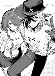  1boy 1girl absurdres acheron_(honkai:_star_rail) alternate_costume arm_up bad_id bad_twitter_id boothill_(honkai:_star_rail) closed_mouth couple cowboy_hat english_text from_above grey_background hair_over_one_eye hamu_oden hand_up happy hat highres honkai:_star_rail honkai_(series) index_finger_raised long_hair looking_at_viewer looking_up monochrome multicolored_hair navel pants parted_lips pov shirt short_sleeves shorts sketch smile standing stomach streaked_hair tied_shirt translation_request upper_body v 