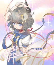  10th_anniversary 1girl ahoge antlers arm_up blue_dress blue_eyes blue_ribbon blue_sailor_collar blush brown_hair choker clouds commentary_request dress duo-zi gradient_background hair_ornament hairclip highres holding holding_microphone horns indie_utaite kano_(utaite) microphone open_mouth painting_(medium) pink_background pink_ribbon puffy_short_sleeves puffy_sleeves purple_background red_choker ribbon sailor_collar short_hair short_sleeves signature sky solo sparkle star_(symbol) star_hair_ornament star_print traditional_media utaite watercolor_(medium) white_dress 