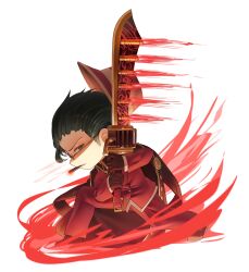  1boy absurdres aura black_hair buttons chibi chibi_only cigar coat coat_on_shoulders commentary_request fighting_stance fire full_body glasses gloves gunblade hair_slicked_back hat highres holding holding_sword holding_weapon jacket jeongdang_geolae knee_up kneeling korean_commentary limbus_company long_sleeves looking_at_viewer looking_to_the_side male_focus meursault_(project_moon) open_cylinder_(revolver) pants profile project_moon red_coat red_gloves red_hat red_jacket red_pants red_shoes red_suit shoes short_hair smoking solo suit suit_jacket sword thrusters thumb_(identity)_(project_moon) weapon 