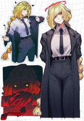  1girl absurdres andrich_galam black_coat black_necktie black_pants blonde_hair braid braided_ponytail breasts business_suit chainsaw_man closed_mouth coat collared_shirt commentary cosplay english_commentary formal_clothes green_eyes halo high-waist_pants highres long_hair long_sleeves looking_at_viewer lusamine_(pokemon) makima_(chainsaw_man) makima_(chainsaw_man)_(cosplay) mature_female necktie office_lady open_clothes open_coat pants pokemon pokemon_sun_and_moon red_halo ringed_eyes shirt shirt_tucked_in smile suit white_shirt yellow_eyes 