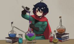  1girl ahoge alchemy beaker black_hair black_scales book breasts cape chinese_clothes chivalry_starved elgobbosito flask gloves highres holding holding_vial medium_breasts potion red_cape short_hair slit_pupils snake_girl snake_tail tail vial xiang_(basedbinkie) 