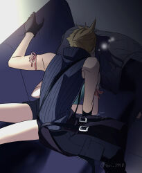  1boy 1girl absurdres apron arm_ribbon bare_shoulders black_apron black_gloves black_hair black_pants black_shorts blonde_hair cloud_strife commentary_request couch couple feet_out_of_frame final_fantasy final_fantasy_vii final_fantasy_vii:_advent_children from_above from_behind gloves hetero highres implied_kiss indoors kiss leaning_forward long_hair lying on_back on_couch pants pillow red_ribbon ribbed_shirt ribbon shirt short_hair shorts sitting sleeveless sleeveless_shirt spiky_hair tank_top tifa_lockhart waist_apron white_tank_top yuu_(ct8810) 