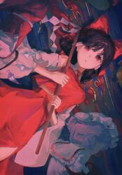  5girls ascot bat_wings black_hair blue_hair breasts capelet collar commentary_request crystal_wings detached_sleeves dress embodiment_of_scarlet_devil expressionless flandre_scarlet frilled_dress frills gohei hair_ribbon hakurei_reimu hat hat_ornament highres holding holding_gohei hong_meiling looking_up lying medium_breasts medium_hair midriff_peek mob_cap multiple_girls nontraditional_miko on_back open_mouth osakana_(0519_sakana) puffy_short_sleeves puffy_sleeves red_ascot red_eyes red_ribbon red_shirt red_skirt remilia_scarlet ribbon rumia shirt short_hair short_sleeves siblings side_slit sisters skirt solo_focus touhou wings 