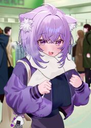  1girl :3 animal_ear_fluff animal_ears bag blurry blurry_background cat_ears cat_tail commentary_request gong_xu_yamii highres hololive jacket looking_at_viewer nekomata_okayu open_clothes open_jacket open_mouth purple_hair purple_jacket purple_skirt scarf skirt solo standing sweater tail violet_eyes virtual_youtuber white_scarf 