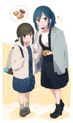  2girls absurdres bag blue_eyes blue_hair boots cellphone charm_(object) coat commentary_request dress food_request fubuki_(kancolle) fubuki_(spring)_(kancolle) green_eyes grey_socks highres holding holding_phone jacket kantai_collection kure-shi low_ponytail ma_rukan medium_hair multiple_girls official_alternate_costume phone pointing polka_dot polka_dot_dress ponytail shirt short_hair short_ponytail shoulder_bag smartphone smile socks souryuu_(kancolle) souryuu_(kure)_(kancolle) twintails white_jacket white_shirt yuru-chara 