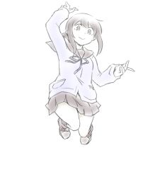  akara_kai black_sailor_collar black_skirt black_socks blue_neckerchief brown_eyes brown_hair brown_shoes cardigan commentary_request dress fubuki_(kancolle) fubuki_kai_ni_(kancolle) full_body hair_between_eyes kantai_collection kneehighs limited_palette long_sleeves looking_at_viewer low_ponytail medium_hair neckerchief pinafore_dress pleated_skirt ponytail purple_cardigan sailor_collar shoes sidelocks simple_background sketch skirt sleeveless sleeveless_dress smile socks thighs white_background 