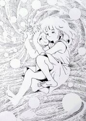  1girl bare_arms barefoot belt bubble closed_eyes closed_mouth commentary_request dress full_body greyscale hands_up hatching_(texture) linear_hatching medium_hair monochrome original sleeveless sleeveless_dress smile solo spiral traditional_media zpihr6jprso2r2l 