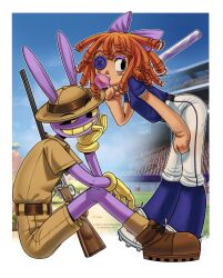  animal_ears baseball_bat baseball_stadium blowing_bubble_gum blue_shirt bow brown_hat brown_shirt brown_shoes brown_shorts brown_socks button_eyes buttons chewing_gum colored_sclera colored_teeth commentary english_commentary eye_black furry furry_male gloves gun hair_bow hat helmet highres holding holding_baseball_bat jersey leaning_forward marmela877 pants pith_helmet purple_bow rabbit_boy rabbit_ears red_hair rifle ringlets shirt shoes shorts sitting smile socks softball_uniform sportswear the_amazing_digital_circus triangle_nose tumblr_username twitter_username weapon white_pants white_shoes yellow_gloves yellow_sclera yellow_teeth 