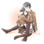  black_hair boots eren_jaeger firana green_eyes hug injury jacket mikasa_ackerman scarf shingeki_no_kyojin short_hair thigh_strap wound 