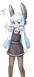  1girl absurdres asashio_(kancolle) asashio_kai_ni_(kancolle) asashio_kai_ni_(kancolle)_(cosplay) black_dress black_pantyhose brown_eyes commentary_request cosplay dated dress feet_out_of_frame floating_headgear hair_ribbon headgear highres kantai_collection long_hair long_sleeves looking_at_viewer maru_(marg0613) murakumo_(kancolle) neck_ribbon one-hour_drawing_challenge pantyhose pinafore_dress red_ribbon ribbon shirt short_eyebrows sidelocks simple_background sleeveless sleeveless_dress solo tress_ribbon twitter_username v white_background white_hair white_shirt 