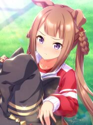  1girl :t ^^^ absurdres animal_ear_headwear animal_ears artist_request black_hat blunt_bangs blush braid braided_hair_rings brown_hair card_commentary closed_mouth collarbone commentary day dot_nose dust ears_down eyelashes eyes_visible_through_hair fake_animal_ears furrowed_brow game_cg glint grass hair_rings hat highres holding holding_unworn_clothes holding_unworn_hat horse_ears horse_girl jacket light_particles light_rays long_hair long_sleeves multicolored_jacket official_art outdoors pout puffy_long_sleeves puffy_sleeves red_jacket shirt sidelocks solo stitches sunbeam sunlight sweep_tosho_(umamusume) third-party_source tracen_training_uniform track_jacket twintails two-tone_jacket umamusume unworn_hat unworn_headwear upper_body very_long_hair violet_eyes white_jacket white_shirt witch_hat 