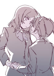  2girls :/ absurdres blazer bow bowtie closed_mouth commentary_request expressionless greyscale highres holding_hands inazuma_(elect_line) jacket long_sleeves looking_at_another love_live! love_live!_school_idol_project medium_hair monochrome multiple_girls nishikino_maki otonokizaka_school_uniform school_uniform simple_background smile twintails upper_body white_background yazawa_nico yuri 