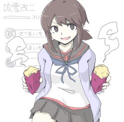  1girl akara_kai anchor_symbol black_sailor_collar black_skirt blue_neckerchief brown_eyes brown_hair cardigan character_name collarbone commentary_request cowboy_shot food fubuki_(kancolle) fubuki_kai_ni_(kancolle) hair_between_eyes holding holding_food kantai_collection long_sleeves looking_at_viewer low_ponytail medium_hair neckerchief open_cardigan open_clothes open_mouth pleated_skirt ponytail purple_cardigan roasted_sweet_potato sailor_collar sidelocks simple_background sitting skirt solo steam sweet_potato translation_request white_background 