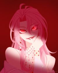  absurdres bare_shoulders commentary_request countess_chelsea_(path_to_nowhere) finger_to_mouth gem hand_up highres korean_commentary lipstick looking_at_viewer makeup mbcc_bori path_to_nowhere red_gem red_lips slit_pupils smeared_lipstick smile 